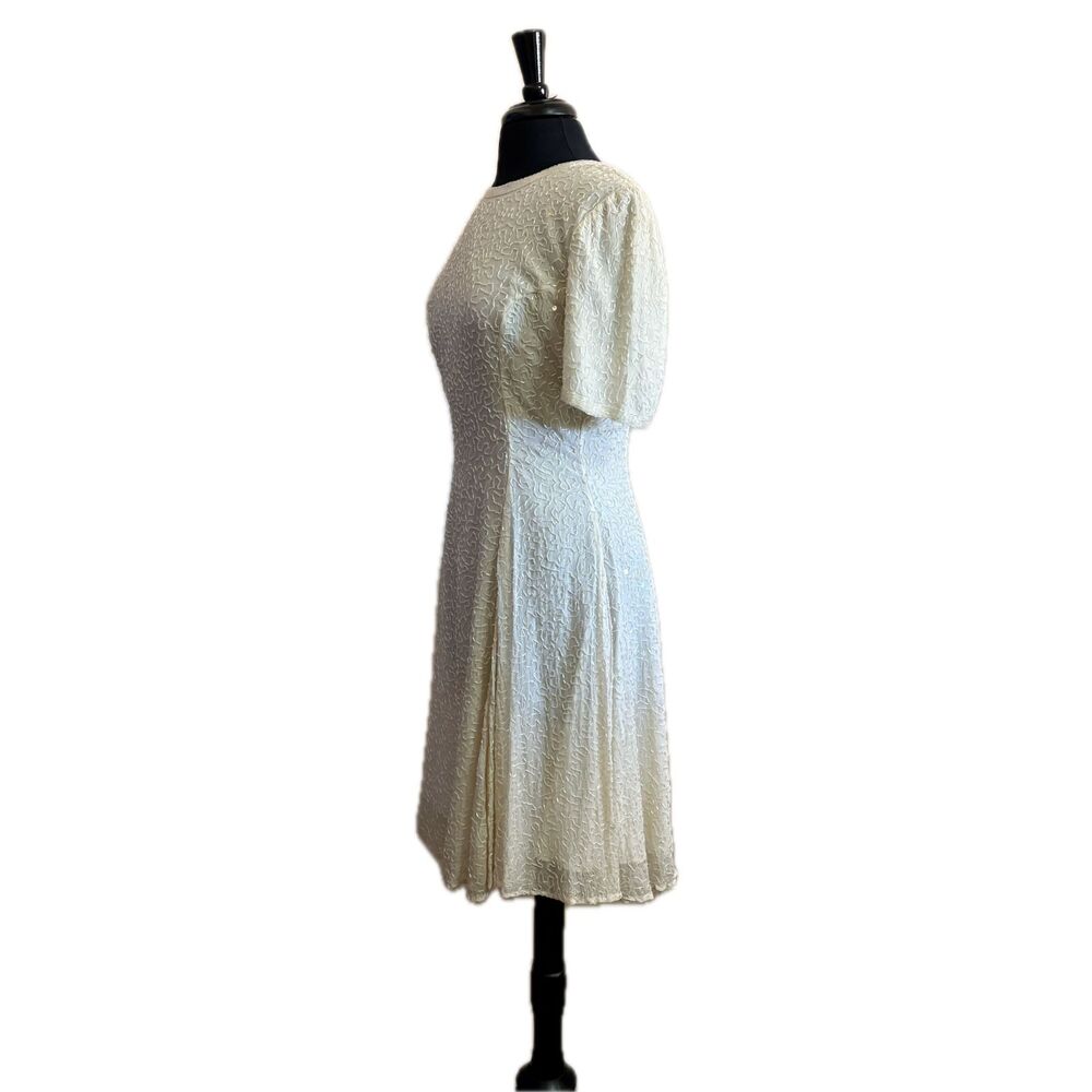 80s Vintage White Beaded A-Line Cocktail Dress Wedding Large - Picture 4 of 7